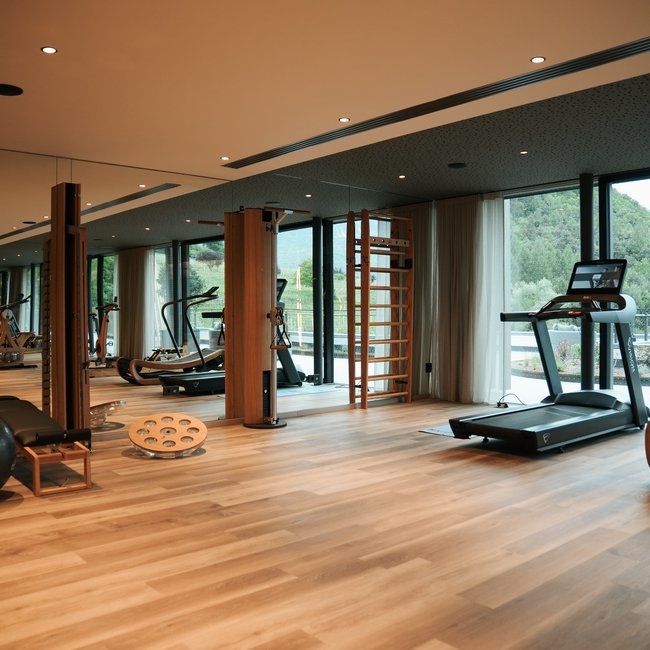 Sporthotel in Alto Adige: il Gartenhotel Moser Palestra moderna con pavimento in legno e grandi finestre con vista sulle montagne
