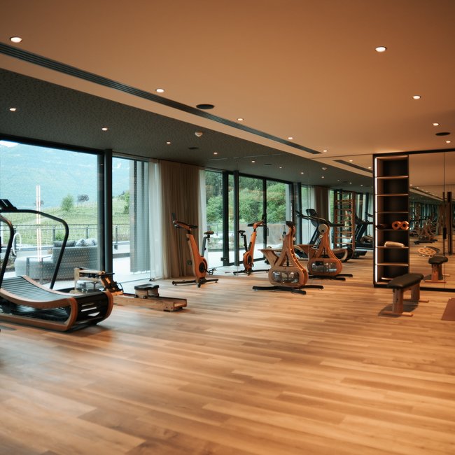 Sporthotel in Alto Adige: il Gartenhotel Moser Palestra moderna con attrezzi in legno e grandi finestre con vista sulle montagne